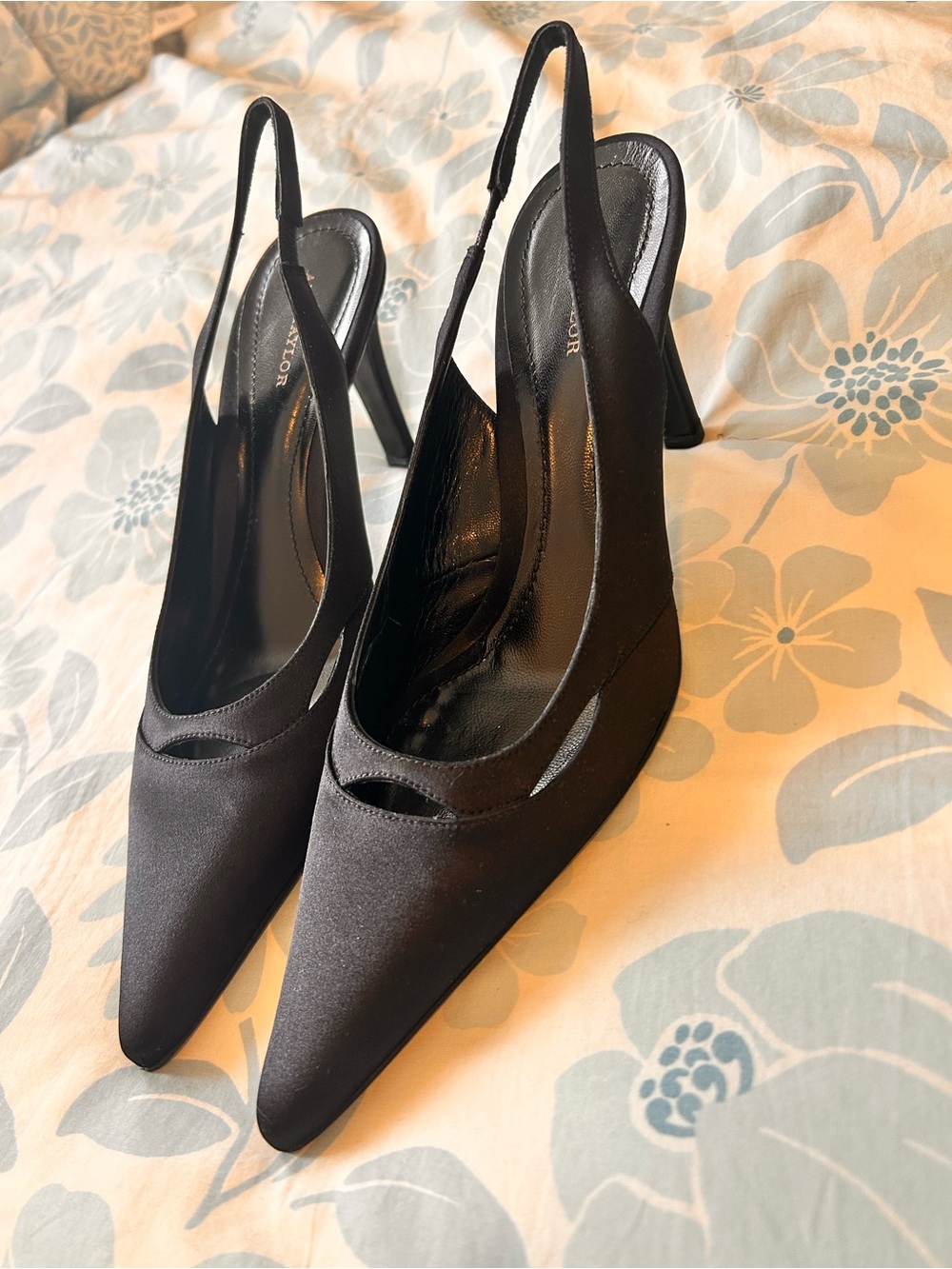 Ann Taylor Black Satin Pointed-Toe Slingback Heels